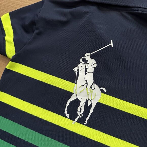 Polo Ralph Lauren Youth Small US Open 2023 Striped Polo Shirt Navy Green Neon - Picture 7 of 9